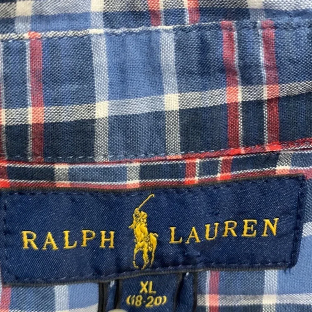 BOYS 18-20 Ralph Lauren Plaid Blue Casual Button Down Shirt Size XL EUC #7790